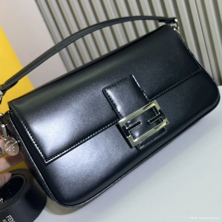 Vintage HOT Fendi Black Bag Baguette Tiffany Smooth Leather Medium In 0810